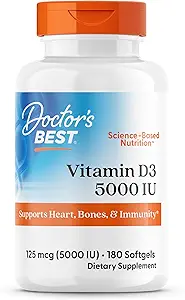 Doktor'un En İyi Vitamin D3 5000IU, Non-GMO, Gluten & Soy Free, Regulates Immune Function, Supports Health Bones, White, No Flavour, 180 Count