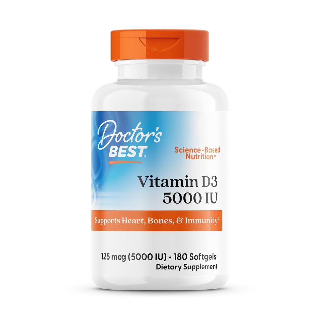 Doktor'un En İyi Vitamin D3 5000IU, Non-GMO, Gluten & Soy Free, Regulates Immune Function, Supports Health Bones, White, No Flavour, 180 Count