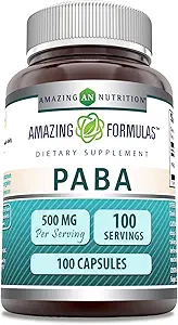 Amazing Formulas PABA 500 Mg Supplement | Capsules | Non-GMO | Gluten-Free | Made in USA (1 Pack | 100 Count)