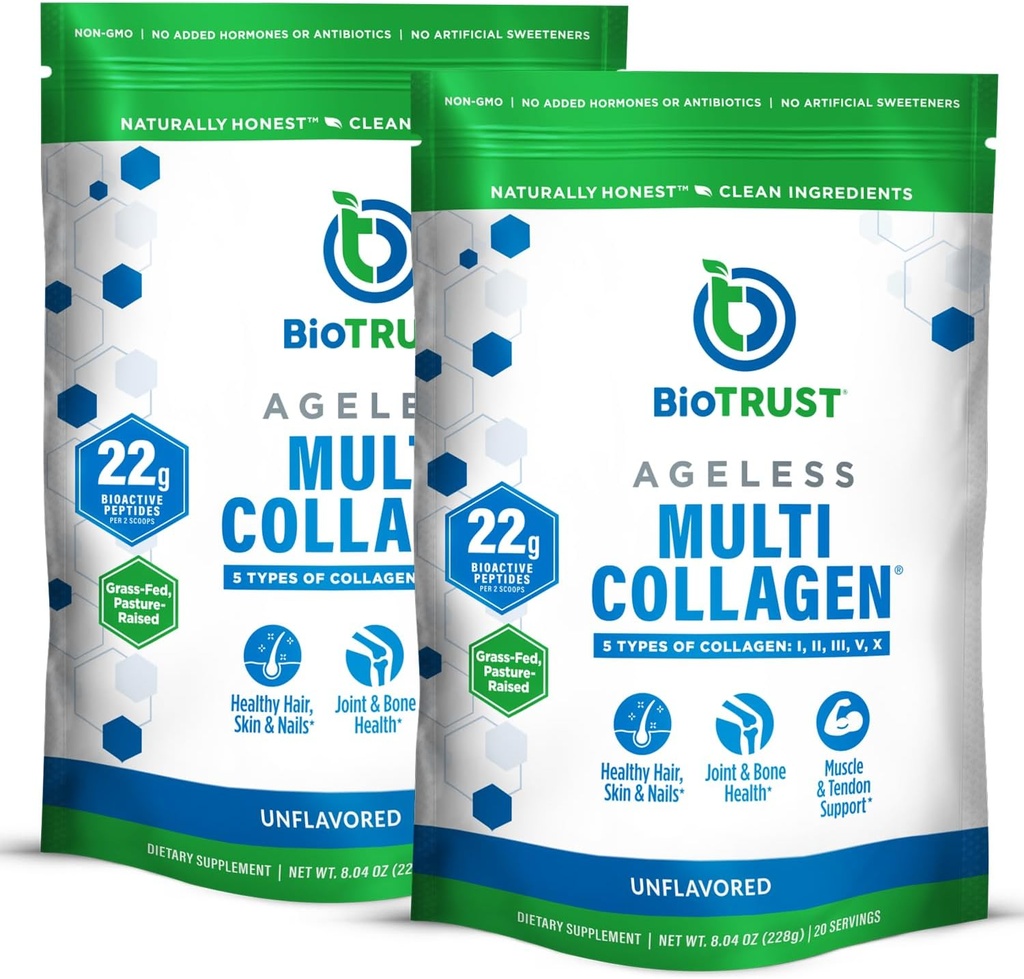BioTrust Ageless Multi Collagen, Toz – 5 Tip (I, II, III, V, X) – Kadınlar ve Erkekler için Acısız Kolajn Toz – Hydrolyzed Protein – Grass Fed Beef, Fish, Chicken, Eggshell, 2pkk
