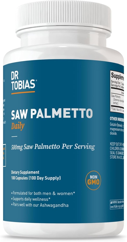 Dr. Tobias Saw Palmetto Tamam, Urinary Health, Hormonal Denge, Prostate Health, & Hair Vitality, Saw Palmetto for Men & Women, 500 mg Per Service - 100 Capsules, 100 Hizmet
