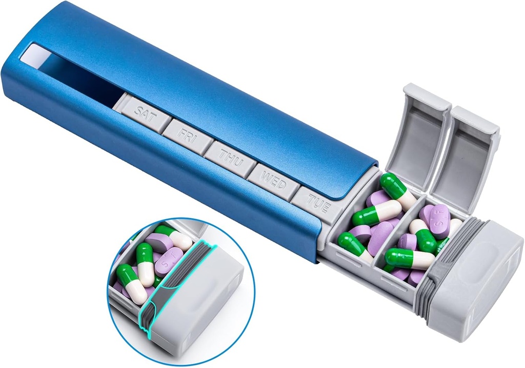 Daviky Metal Seyahat Pill Organizer, Premium Alüminyum Pill Box 7 Gün, Haftalık Günlük Pill Case, Şık & Cute Pill Holder for Medicines, Supplements and Vitamins (Mavi+Gray)
