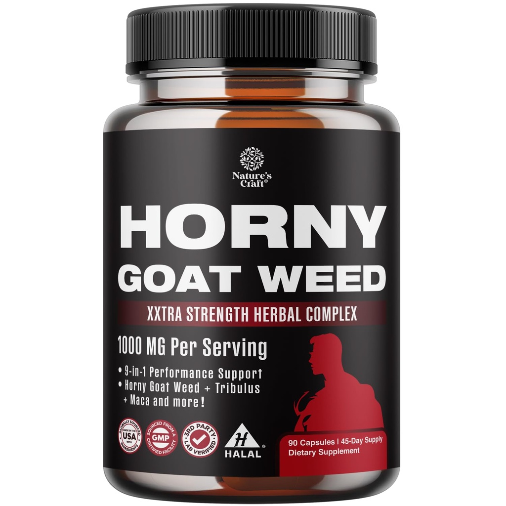 Natures Craft Horny Goat Weed for Men - Ekstra Güçlü Erkek Supplement with Black Maca Root, Tongkat Ali, Saw Palmetto & Panax Ginseng for Stamina & Energy - 90 Capsules