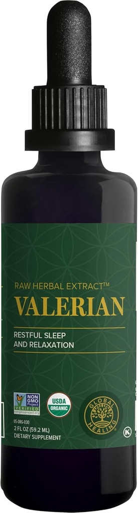 Global Healing Organic Valerian Root Extract Liquid Supplement - Raw Herbal Extract for Healthy Relaxation, Sleep & Calm -Εναλλακτικά με Valerian Root Caps for Bioavailability - 2 Fl Oz