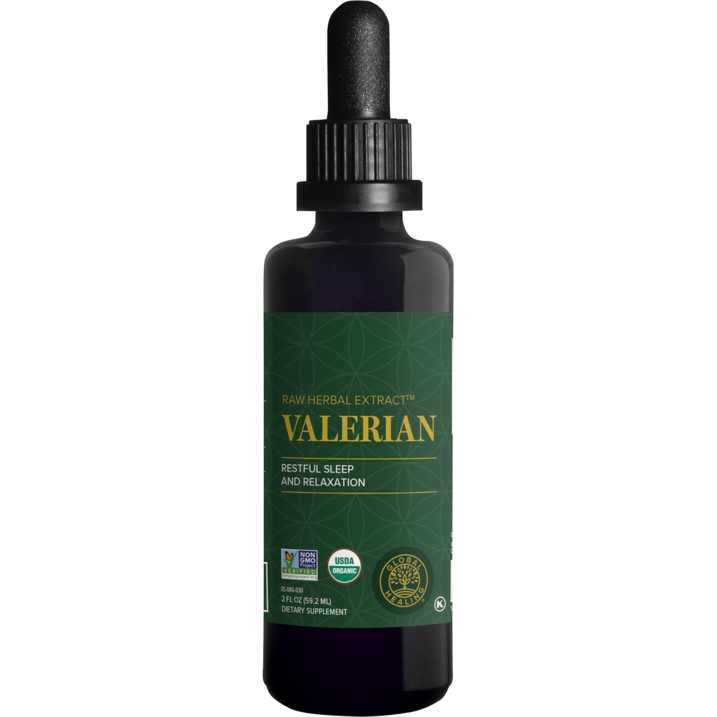 Global Healing Organic Valerian Root Extract Liquid Supplement - Raw Herbal Extract for Healthy Relaxation, Sleep & Calm -Εναλλακτικά με Valerian Root Caps for Bioavailability - 2 Fl Oz
