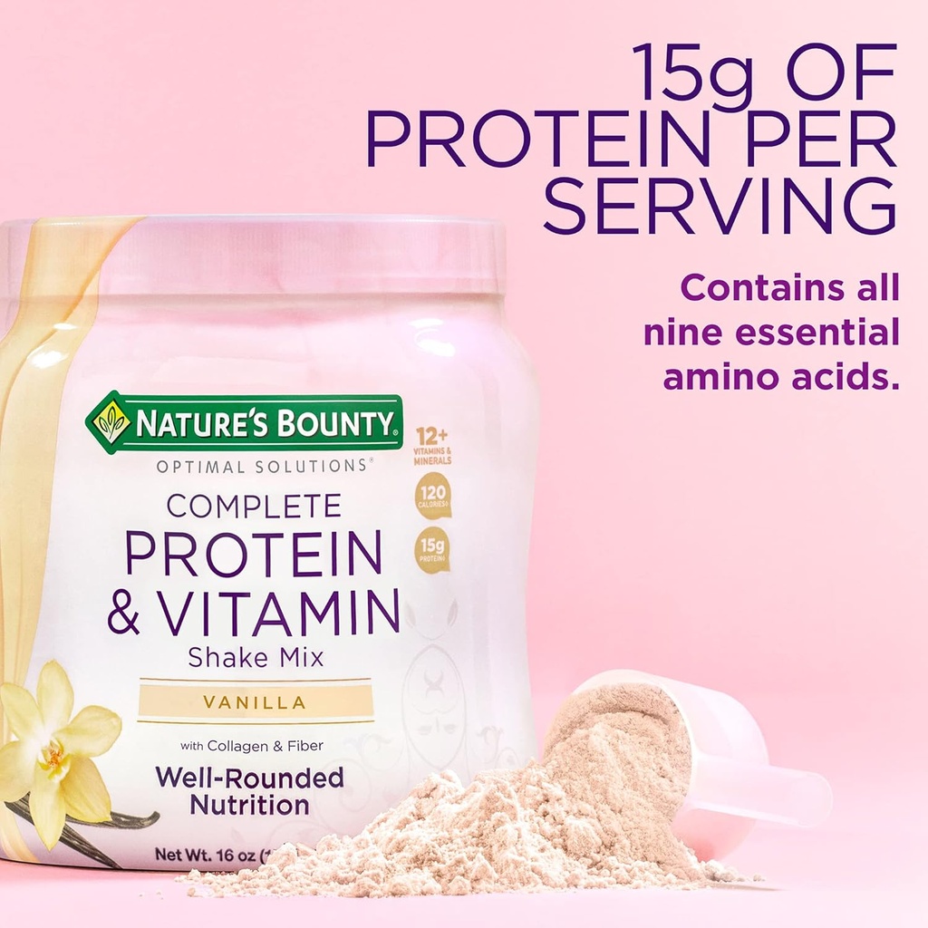 Nature's Bounty Complete protein & Vitamin Shake Mix with Collagen & Fiber, Immune Health, Vanilla Flavored,1 Pound (Pack of 2)