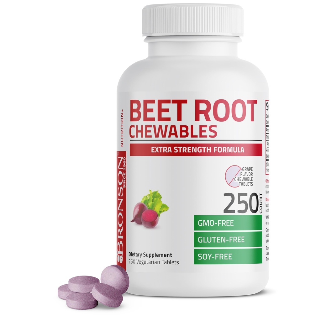 Bronson Beet Root Chewables 2000 MG, Grape Flavored - Extra Strength 2000 MG Per Serving Circulation Support Heart Health & Stamina, Non-GMO, 250 Vegetarian Grape Flavored Chewable Tables
