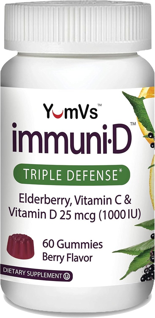 ImmuniD Elder Gummies by YumVs | Sambucus Elderberry, Vitamin C & Vitamin D | Tamam Immune System Support for Women & Men | Natural Berry Flavor-60 Count