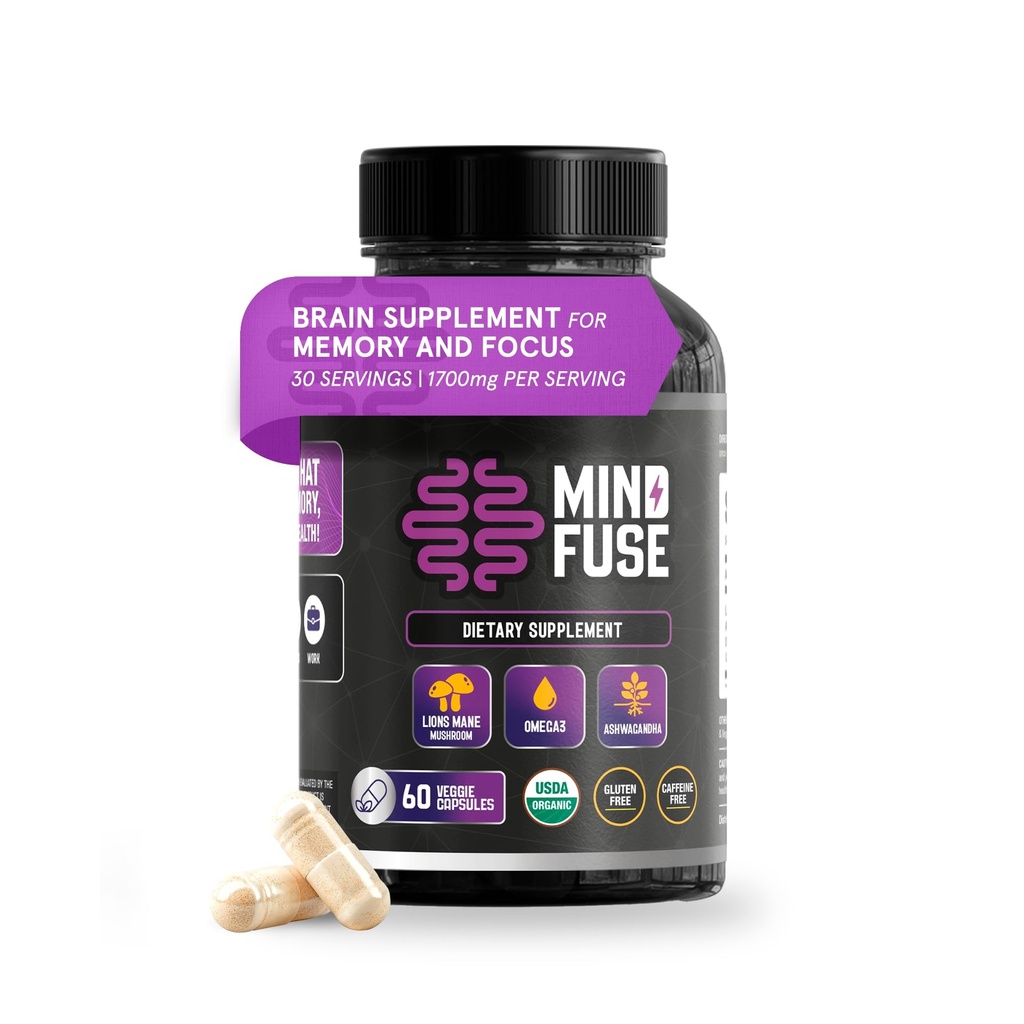 Yetişkinler için nootropic Memory ATM Supplement - Lion's Mane Capsules with Omega-3, Ashwagandha & L-Theanine for Focus & Memory - Gluten-Free 60 Capsules
