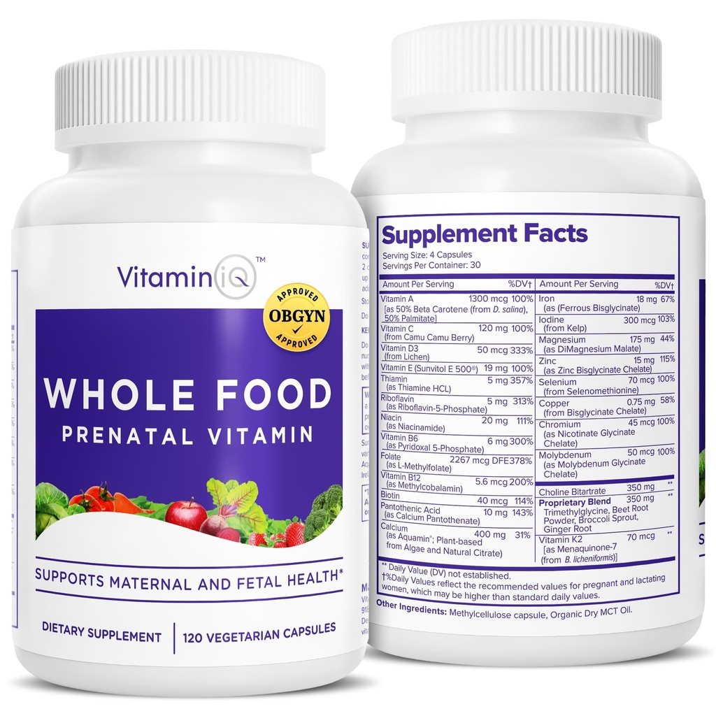 Tüm Gıda Prenatal Vitaminleri (120 Capsules) Maternal ve Fetal Health için Doğal Destek, Choline, B Vitaminleri ve Daha Fazlası, Vegan, Hayır Soy, Gluten veya Süt