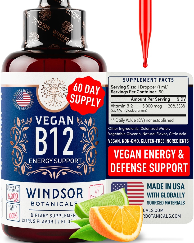 Vegan B12 Sıvı - Max Strength Mecobalamin B12 Sublingual 5000 mcg - Hızlı Absorbing Supplement for Mood, Memory and Energy Support - Non-GMO, Gluten-Free, Citrus Flavor B 12 Drops, 2oz