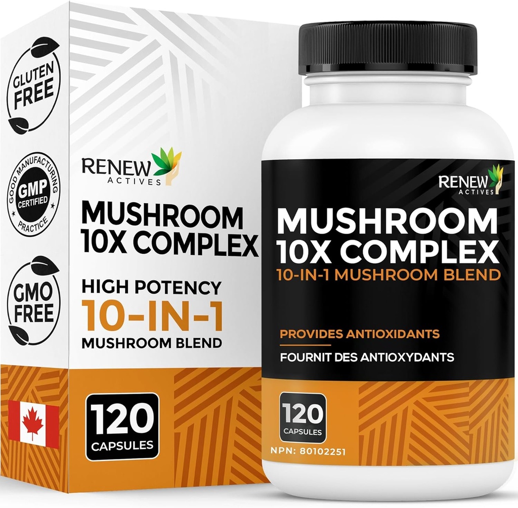 RENEW ACTIVES Mushroom Complex 2 Capsules per Service – Immune Health & Wellness için Antioksit 10 Mushroom Mixs – Supports General Vitality & Long-Term Wellness – Made in Canada - 120 Capsules