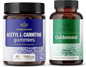HERBAMAMA L-Carnitine ve Goldenseal Kit - 1500 mg Acetyl L-Carnitine Gummies & 700 mg Goldenseal Capsules - Vegan, Non-GMO, Gelatin-Free - 2 Pack