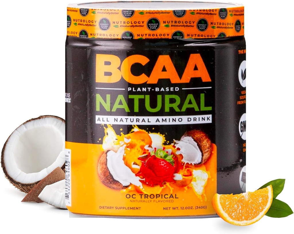 Nutrology BCAA Natural - Plant based BCAA Toz, Orange Coconut Flavor, Optimized 2:1:1 Karşılaştırma & Post Workout Recovery, Vegan, Gluten-Free, Non-GMO, 30 Servisler