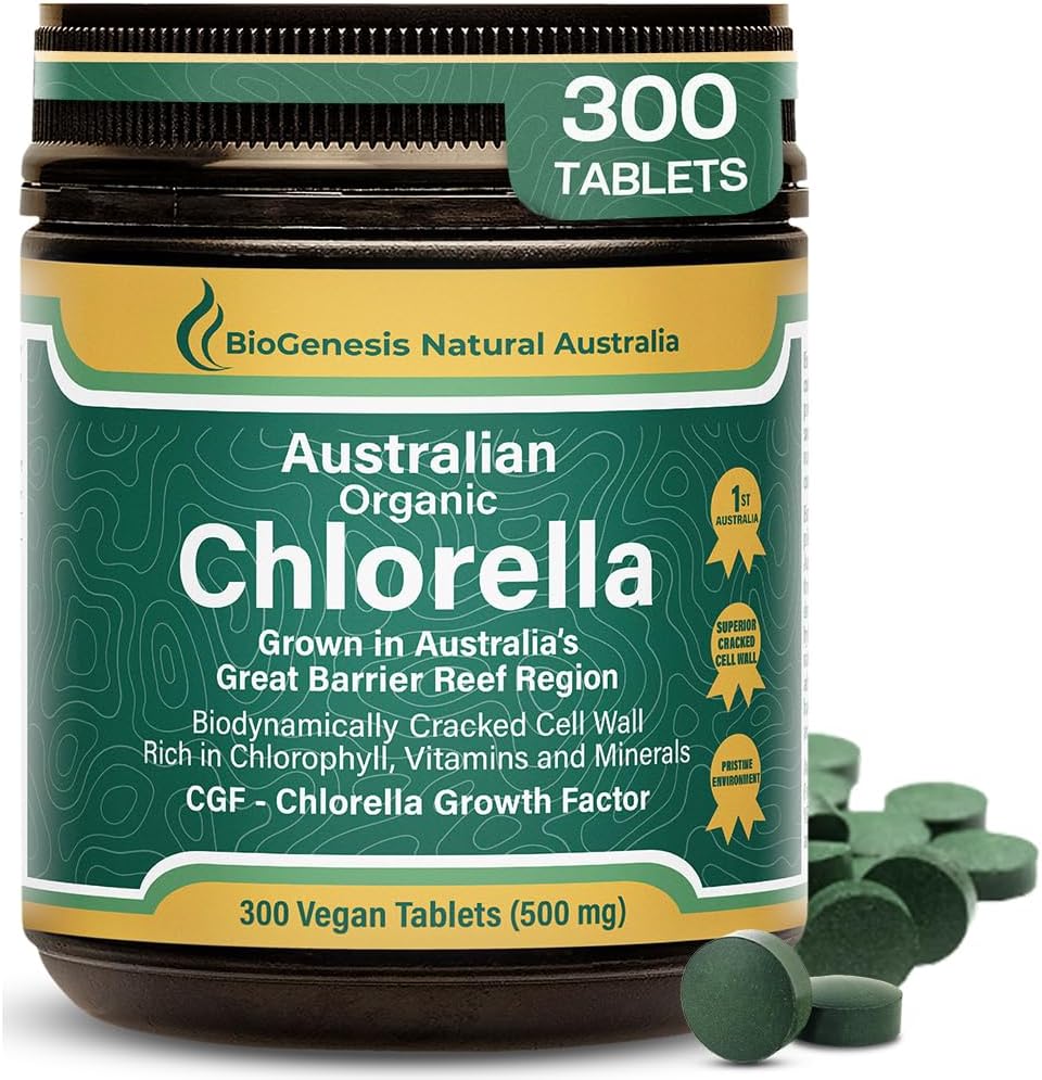 Biogenesis Organik Klorella Tabletleri - 300 Kont (500 mg) | Avustralya Grown | BioDynamic Cracked Hücre Duvar | Chlorophyll, Vitamins & Minerals | Destekler Enerji & Immunity | Vegan Tablet