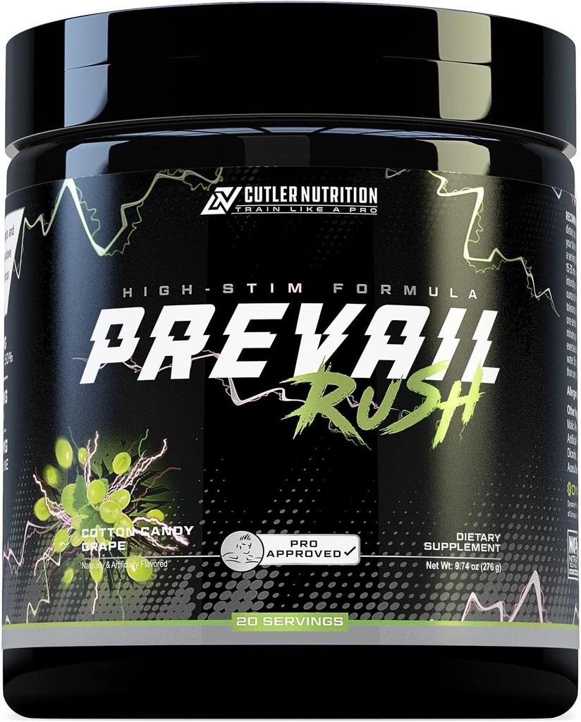 Cutler Beslenme Yüksek Stim Pre Workout Toz Prevail Rush Preworkout for Men & Women for Intense Pumps Energy and Focus with Caffeine NO3T Betaine and Dynamine | Cotton Candy Grape (20 hizmet)