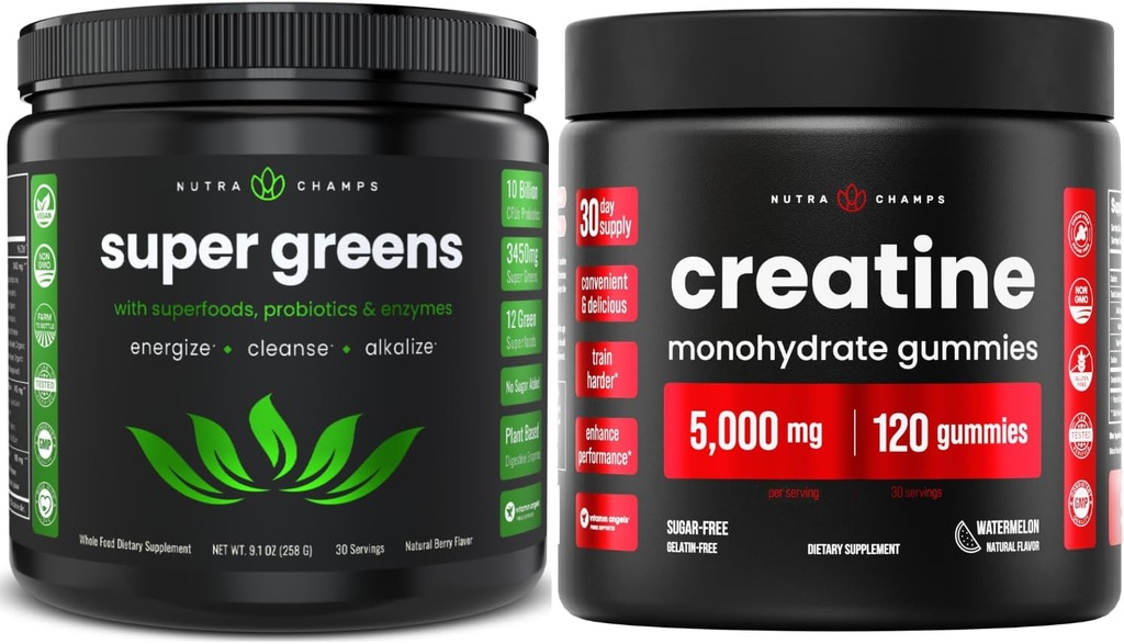 NutraChamps Complete Workout & Energy Sche - Super Greens & Kretine Gummies.