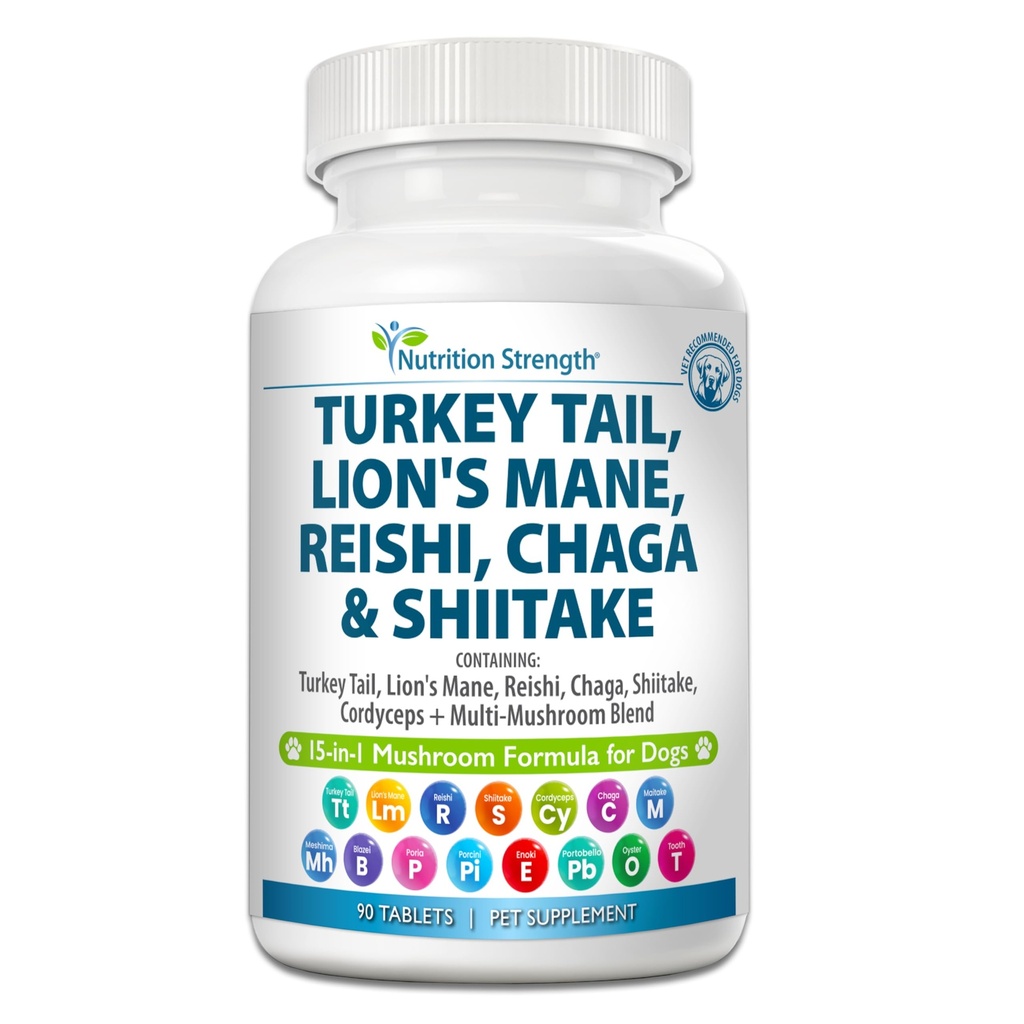 Köpekler için 15in-1 Mushrooms Türkiye Tail 600 mg Lion's Mane 600 mg Reishi 600 mg Shiitake 500 mg Cordyceps 300 mg Chaga 300 mg Enoki Portobello 90 Tabletler