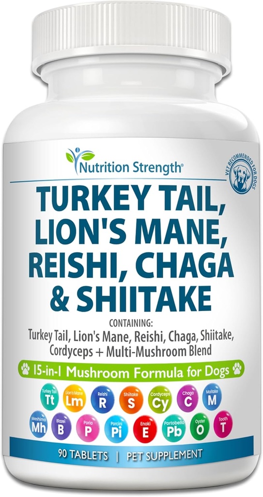 Köpekler için 15in-1 Mushrooms Türkiye Tail 600 mg Lion's Mane 600 mg Reishi 600 mg Shiitake 500 mg Cordyceps 300 mg Chaga 300 mg Enoki Portobello 90 Tabletler