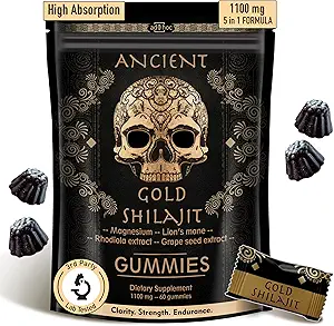 ad hoc 1100 mg Gold Shilajit Gummies with Magnezyum, Lions Mane, Rhodiola, Grape Tohum - Himalaya Shilajit for Men Women, 85+ Trace Minerals & Fulvic Acid, Pure Shilajit for Energy Immune Support,60 Ct