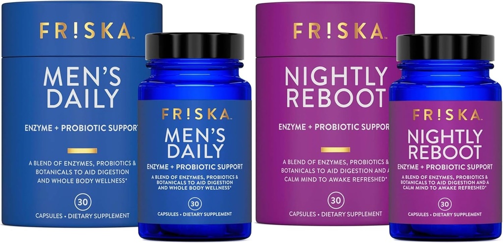 FRISKA Mens & Nightly Probiyotik Sche | Digestive Enzymes & Probiyotiks Supplement | Erkek & Nightime Digestion & Bloating Support | 30 Capsules per Şişe başına 30 Capsules