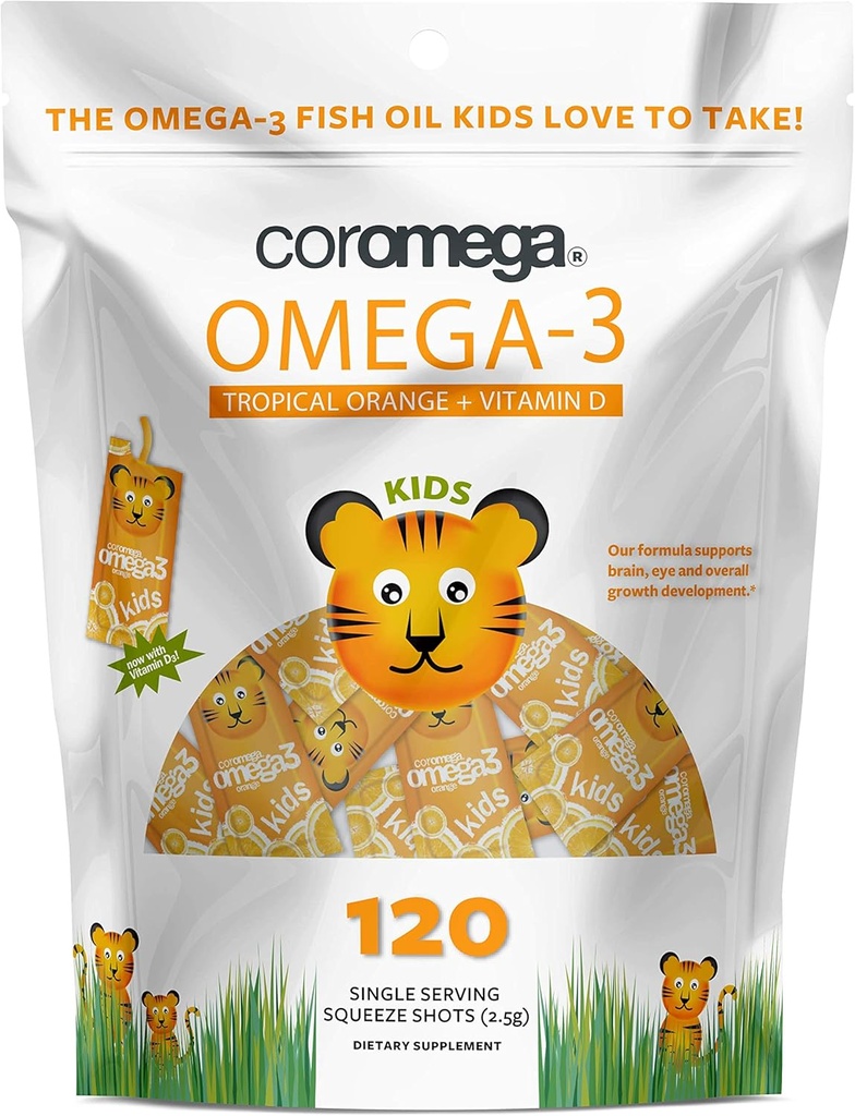 Coromega Kids Omega 3 Fish Oil Supplement, Omega-3s, Tropikal Orange + Vitamin D, 120 Single Serve Squeeze Packets