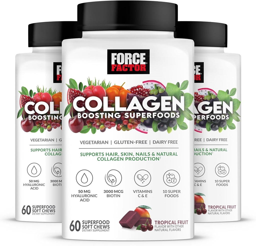 FORCE FACTOR Collagen Boosting Superfoods, Vegan Collagen Booster for Women, With Biotin, Hyaluronic Acid, and Vitamin C, For Hair, Skin, Nails, & Joint Support, Tropical Fruit, 180 Soft Chews, 3-Pack