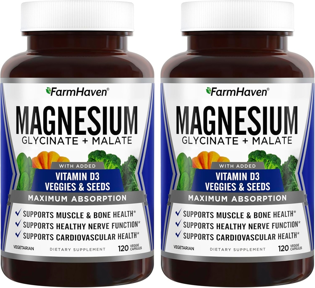 Farm Haven Magnezyum Glycinate & Malate Kompleksi w/Vitamin D3, Max Abors- Bone Health, Nerves, Muscles, 240 Capsules, 120 Days