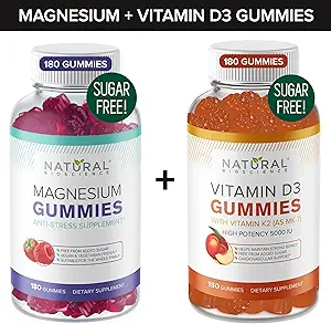 Sugar-Free Magnezyum Gummies (180 Gummies) ve Sugar-Free Vitamin D Gummies (180 Gummies) – Immune Support & Relaxation Value Sche, Gelatin-Free, Gluten-Free, Vegan, All Natural, GMO-Free, Kosher