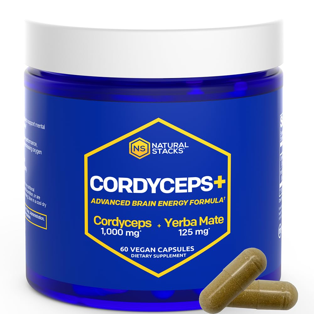 Cordyceps Mushroom Capsules - 1000 mg Cordyceps Extract & 125mg Yerba Mate Ekstraksiyon - 100 Meyveli Vücut Mushroom Supplement - Destekler Beyin Enerji & Bilişsel Performans - 60 Yerba Mate Capsules