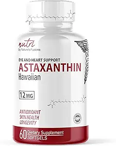 Fusions Nature's Nutri Astaxanthin 12mg Max Strength - Premium Συμπληρώματα Μεγαλώνουν στη Χαβάη - Ισχυρό Αντιοξειδωτικό, Προάγει την Καρδιά και την Υγεία των ματιών - 60 Softgels για Γρήγορη Απορρόφηση