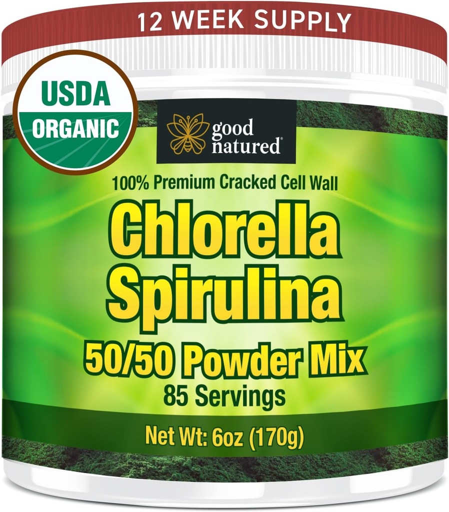 Good Natured Premium Chlorella Spirulina Toz | 85 Hizmet | No-GMO | Sunlight Grown | Deep Green Color | Cracked Hücre Duvar | Alkalyzing | Yüksek Protein | Vegan Organik Capsules | Dağ Su Suları |