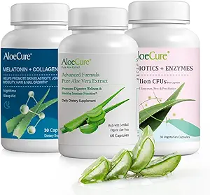 AloeCure Organik Aloe Vera Capsules Pack - 3 Adet - Melatonin + Collagen, Aloe Vera Capsules, Probiyotik + Enzyme