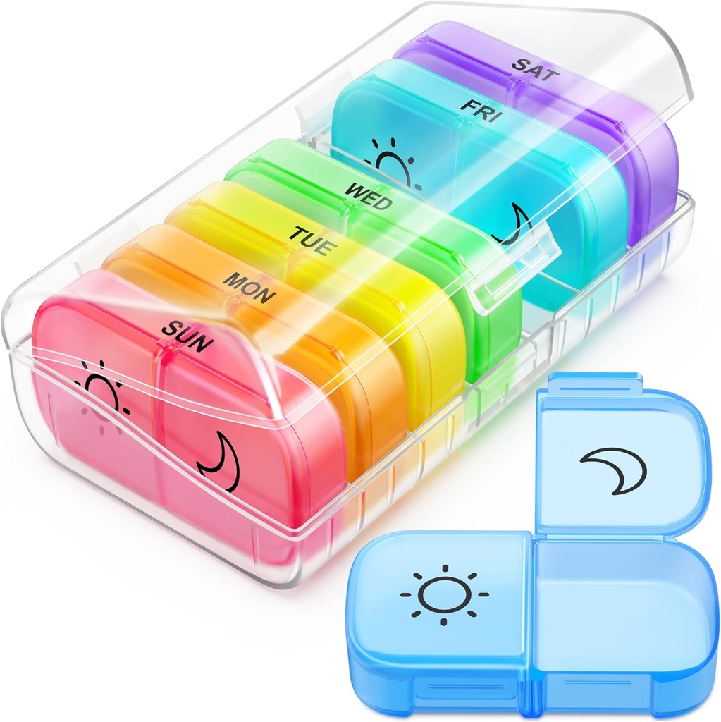 FEATY Weekly Pill Organizer 2 Times a Day with Same-Side LargeOpen for Easyfill & Retrieving, Color Watch 7 Day AM PM Pill Box with Large BPA Free Pill Case for Vitamins, Fish Oils (Clear)