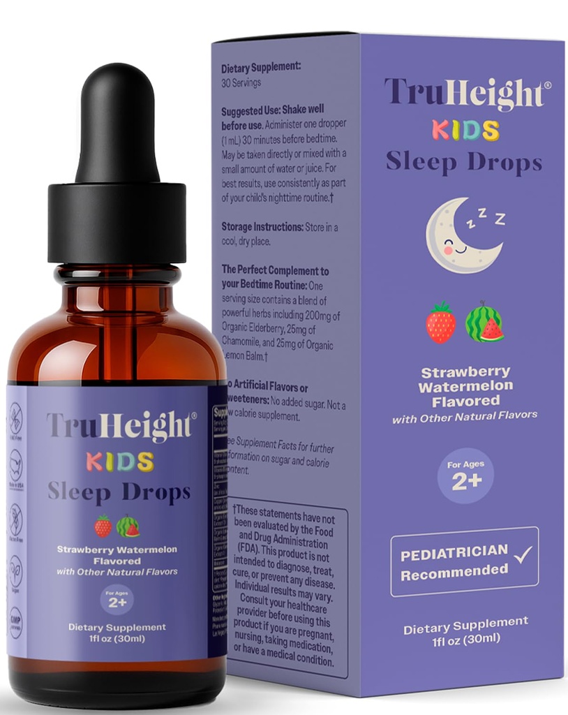 TruHeight Kids Sleep Tincture Ages 2+ (Watermelon Flavor) - Bebekler, Toddler & Çocuklar Doğal Uyku Yardımı - Bebek, Toddler, Çocuk Melatonin 2 Yıl Eski+ - B6, Riboflavin, çinko, Copper, Lemon Balmlon