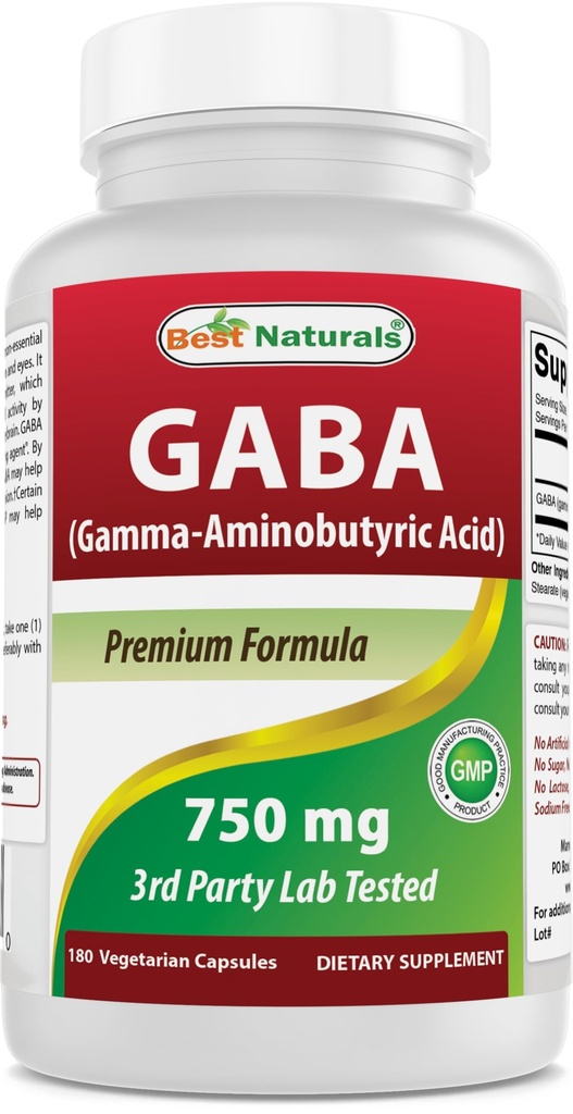 En İyi Doğallar GABA Supplement 750 mg 180 Veggie Capsules, Naturals Sleep Aid