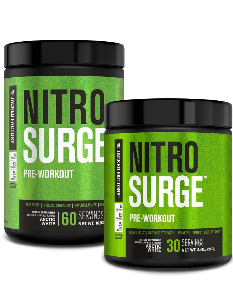 Jacked Factory NITROSURGE Pre Workout Supplement - Endless Energy, Instant Strength Gains, Clear Focus, Intense Pumps - NO ATM & Güçlü Preworkout Energy Toz - 90 Hizmet, Arctic White