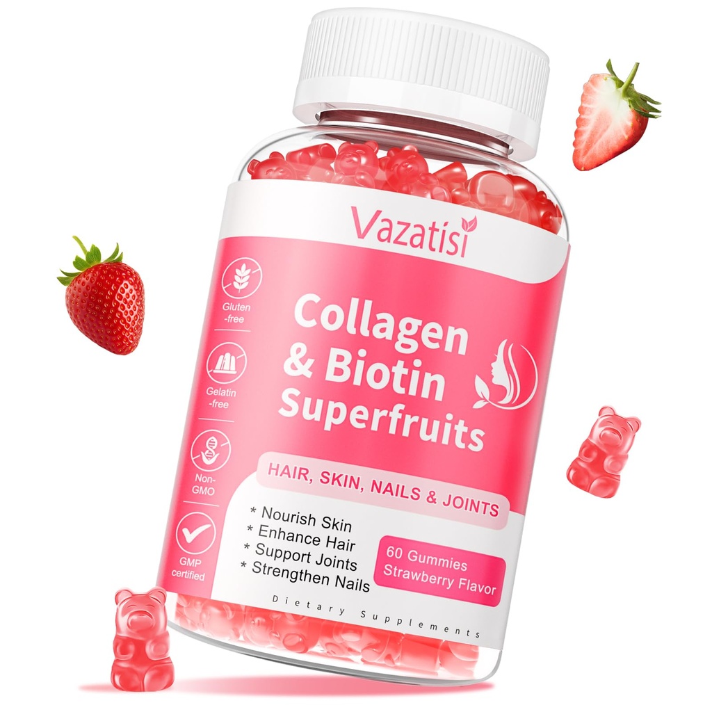Kadınlar için Sugar Free Collagen Gummies, Multi Collagen Peptides Gummies Tip I II III V X with Biotin Vitamin A B C D E for Hair Skin Nails, Strawberry Flavor, 60 Count