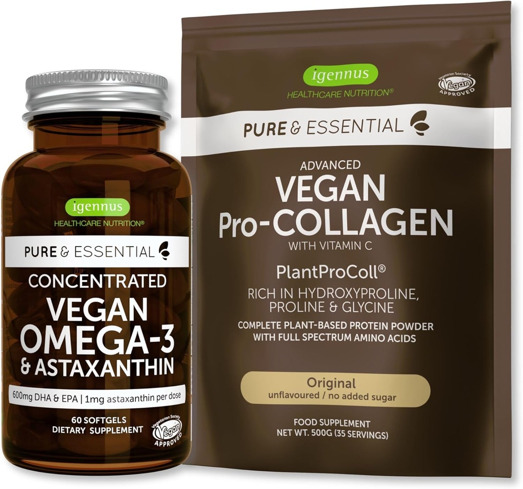 Pure & Essential Vegan Collagen Peptide Protein Powder & Vegan Omega 3 Bundle, Complete Collagen Boosting Formula & Sustainable Algae Oil 1340mg, by Igennus