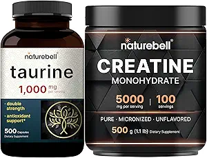 NatureBell Creatine Monohydrate Powder & Taurine Capsules 1,000mg Per Serving Bundle Pack | High Absorption Micronized Creatine | Essential Amino Acids Supplement