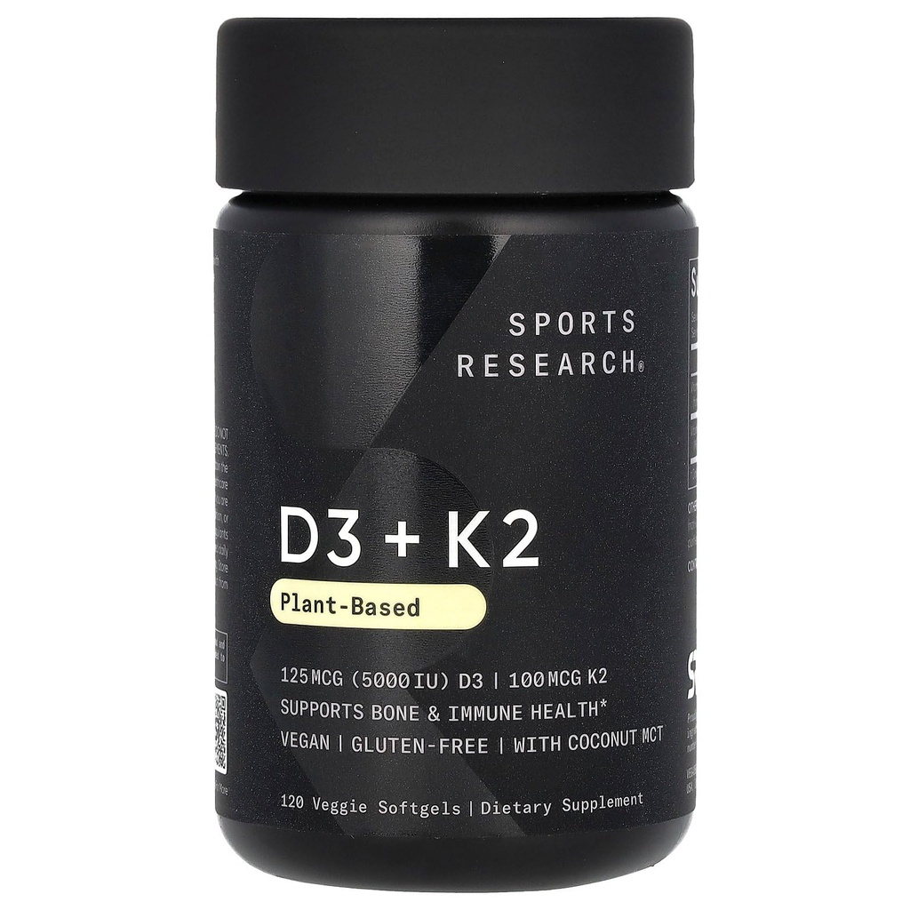 Sports Research Vitamin D3 with K2 Softgels - Plant Based K2 & Vegan D3 5000iu with Coconut MCT Oil - Vegan Certified, Soy & Gluten Free - 120 Count