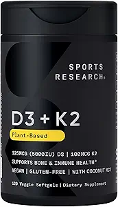 Spor Araştırma Vitamin D3 ile K2 Softgels - Plant Based K2 & Vegan D3 5000iu with Coconut MCT Oil - Vegan sertifikalı, Soy & Gluten Free - 120