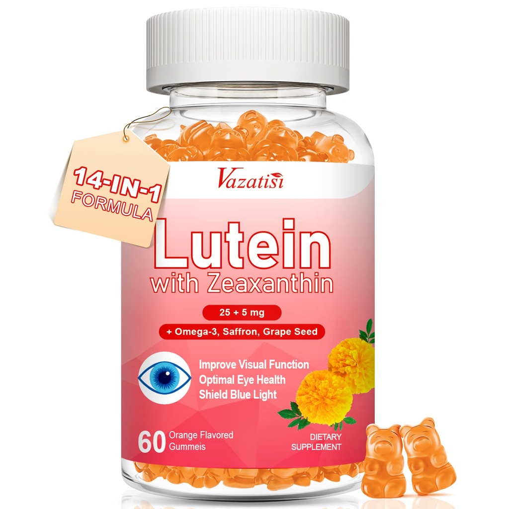 Συμπληρώματα λουτεΐνης και ζεαξανθίνης Gummies, Advanced Eye Vitamin Supplement with Bilberry, Saffron, Grape Seed, Omega 3 for Macular Health, Dry Eye, Visual Function - Orange Flavor, 60 Count