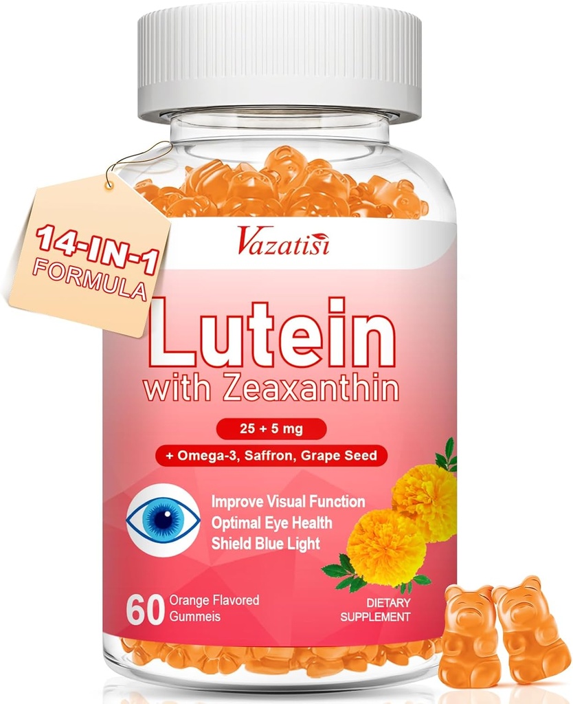 Συμπληρώματα λουτεΐνης και ζεαξανθίνης Gummies, Advanced Eye Vitamin Supplement with Bilberry, Saffron, Grape Seed, Omega 3 for Macular Health, Dry Eye, Visual Function - Orange Flavor, 60 Count