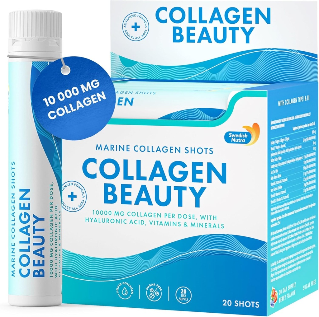 İsveç Nutra - Collagen Beauty | 10.000 mg Hydrolyzed Marine Collagen Liquid Supplement - 20 x 25 ml Günlük Shots | Hyaluronik Asit ve Vitamin C Sağlıklı Saçları Desteklemek için, Skin, Nails | Sugar-Free