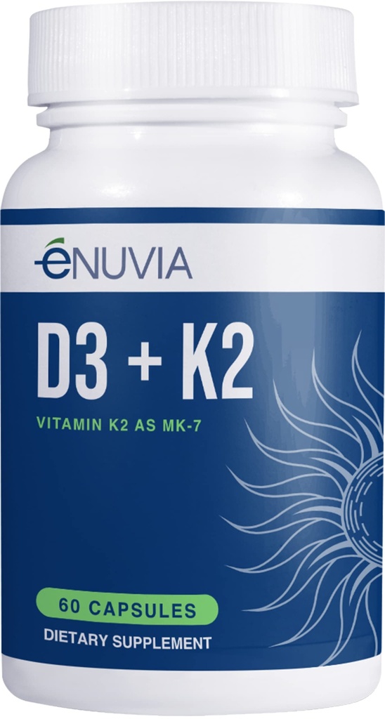 D3+K2 - Βιταμίνη D3 K2 συμπλήρωμα για γυναίκες και άνδρες - 60 κάψουλες λαχανικών - με εκχύλισμα μαύρου πιπεριού Bioperine - Υποστηρίζει μέγιστη απορρόφηση ασβεστίου και την καρδιά και την υγεία των οστών - Κατασκευάζεται στις ΗΠΑ