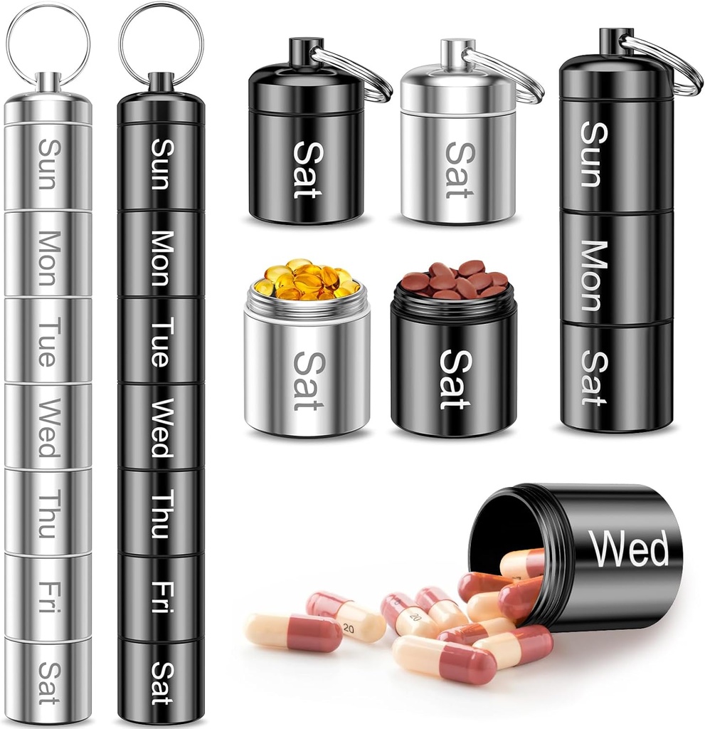 Haftalık Pill Organizer, QuwaYee taşınabilir Küçük Pill Vakası Seyahat için Pill Sahibi, 2 Pack Metal Pill Case Su Yalıtımı Günlük Tıp Pill Vitamini için Organizer, Fish Oil, Supplement