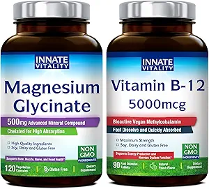 Innate Vitality Magnezyum Glycinate & Vitamin B12 Sche, No Gluten & Vegan, Magnezyum (120 Caps) & Vitamin B12 (90 Fast Dissolve Tabs), Değer Paketi ve Kurtarın