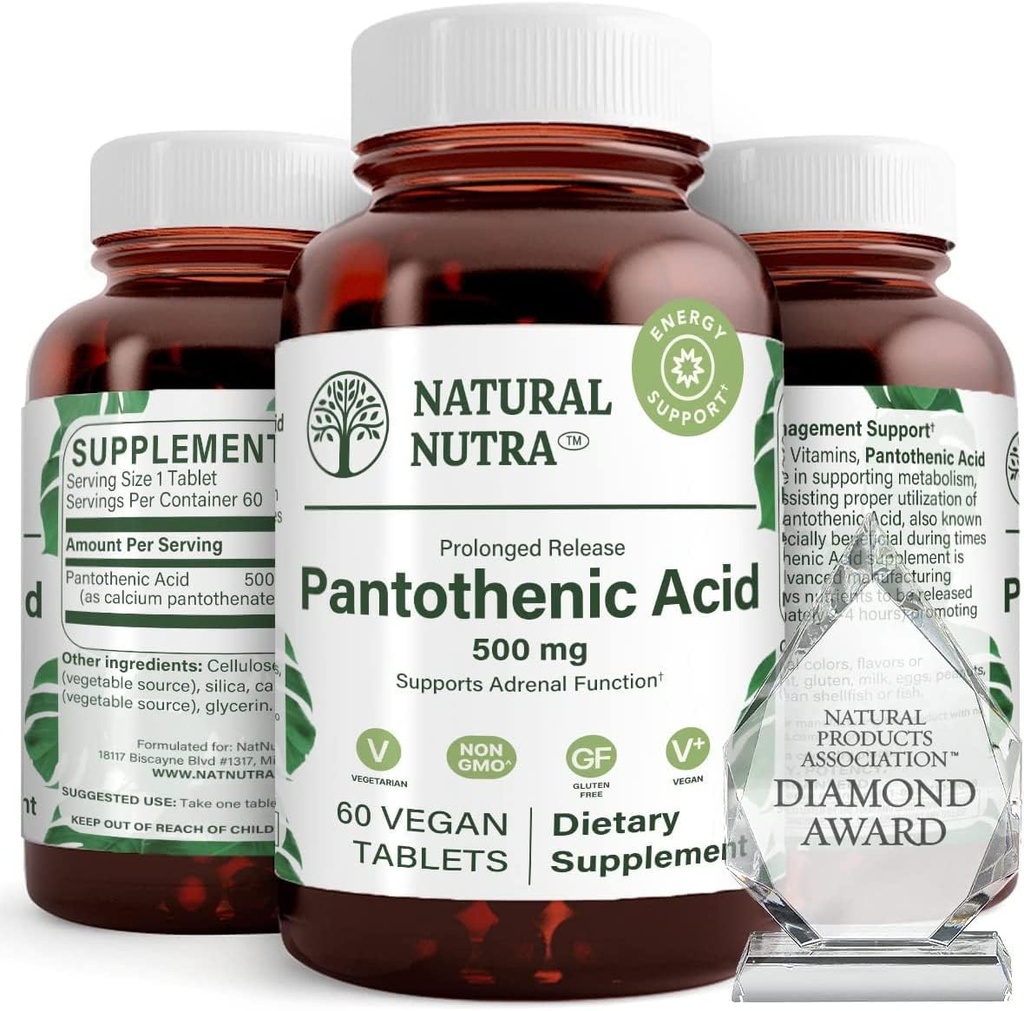 Doğal Nutra Time release Pantothenic Acid 500 mg, Vitamin B5 Supplement Helps Break Down Fat and Carbohidrats, Metabolism and Energy, improve Muscle Health, 60 Vegetarian Tabletler (3 Paket)