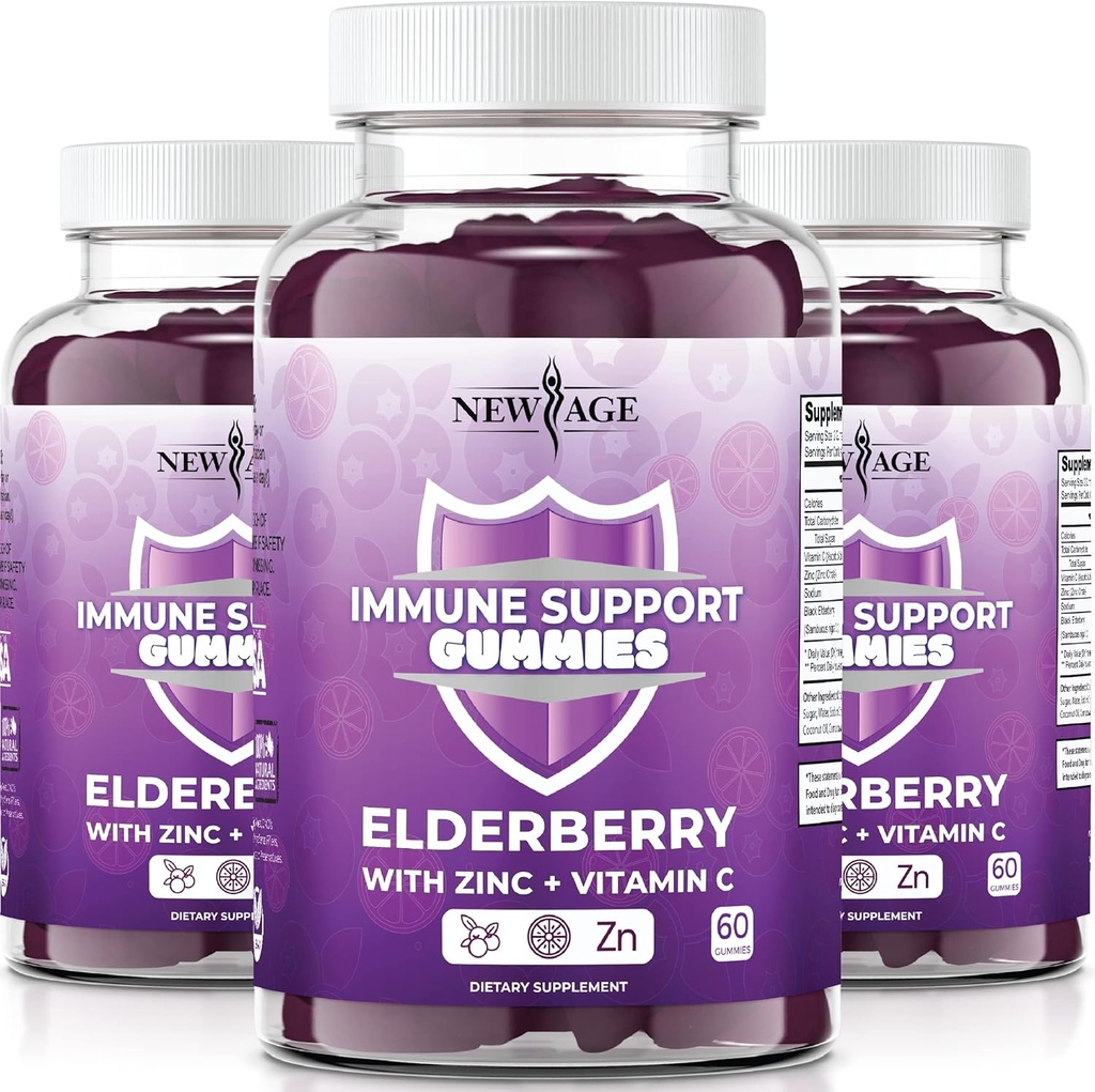 NEW AGE Immune System Support Gummies - Sambucus Black Elderberry Gummies with Vitamin C and Zinc (Immune Support 180 Gummies)